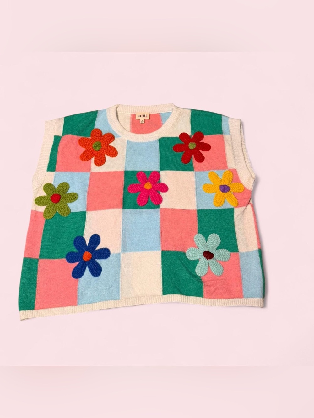 BiBi Colorblock Floral Knit Vest in Pink, Green, Blue, Cream